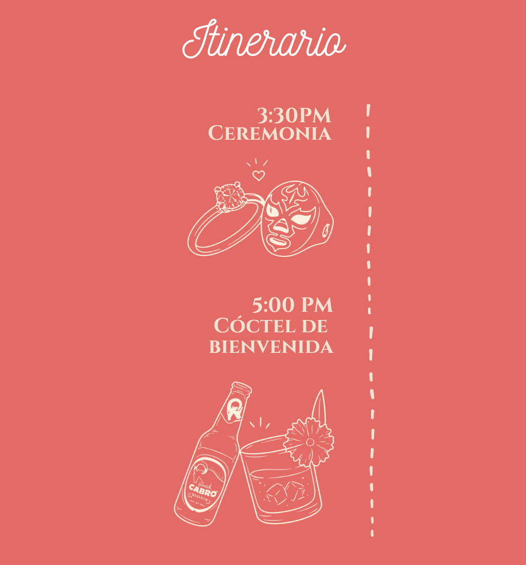 Timeline parte 1: 3:30 PM ceremonia y 5:00 PM cóctel de bienvenida